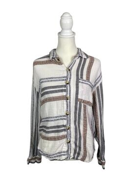 BKE Striped Button Front Blouse Boho Lightweight Gauze Top Relaxed Fit Size L